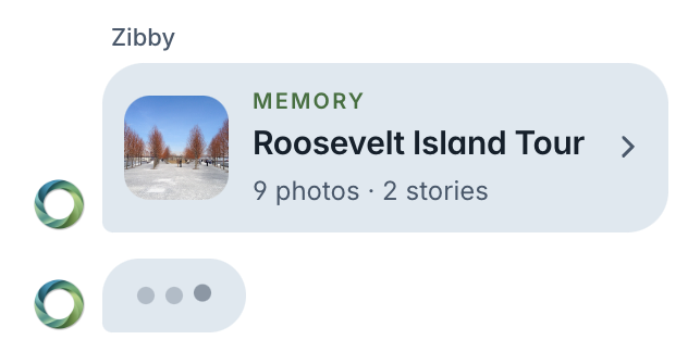 A Zibby chat links to a Roosevelt Island Tour memory with nine photos and two stories.