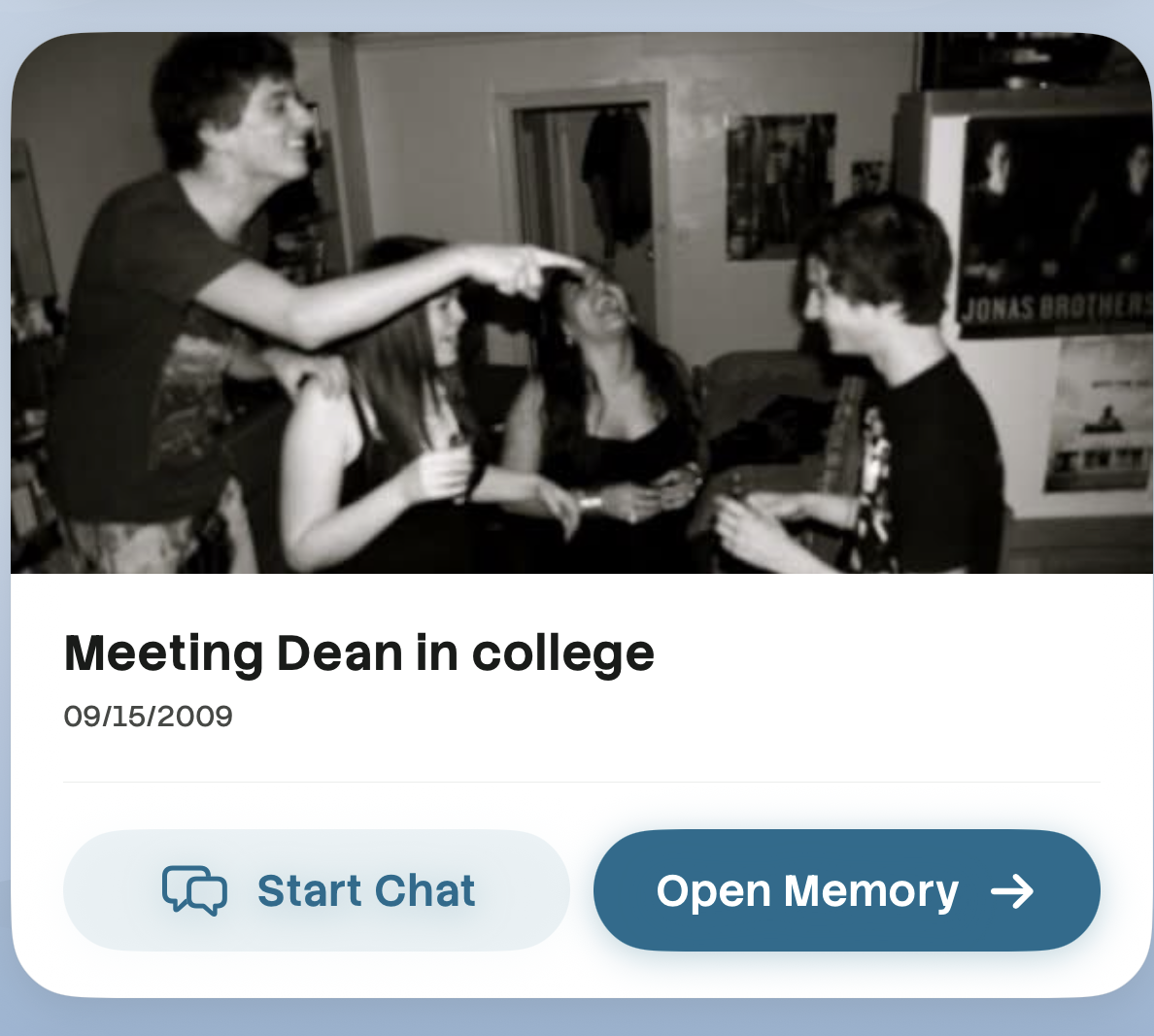 A Zibby memory titled Meeting Dean in college, dated September 15, 2009, with Start Chat and Open Memory actions below a black-and-white college photo.