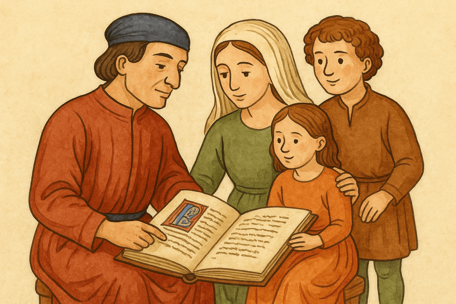 An illustrated family gathered around an open illuminated manuscript, sharing a handwritten book across generations.