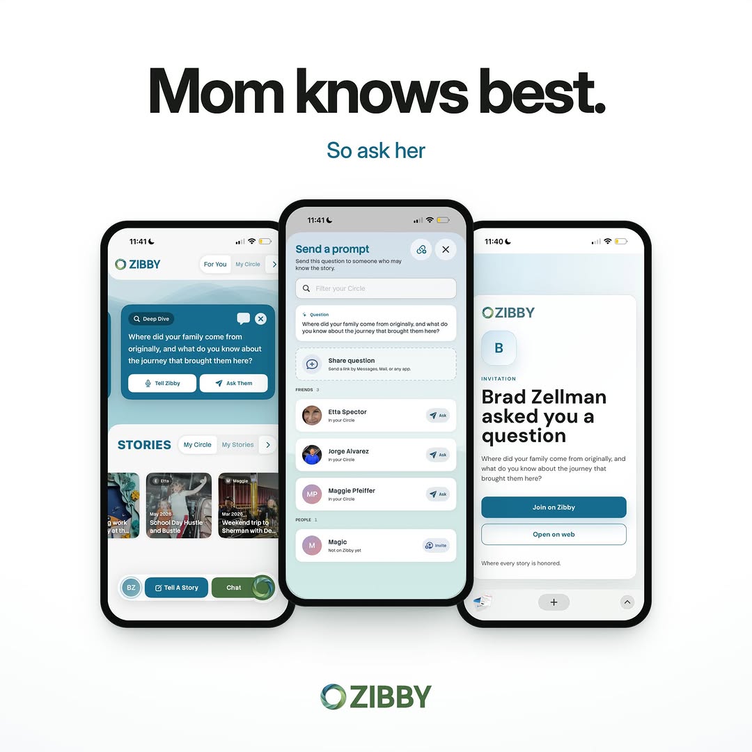 Three iPhones showing Zibby asking Mom a family-history question